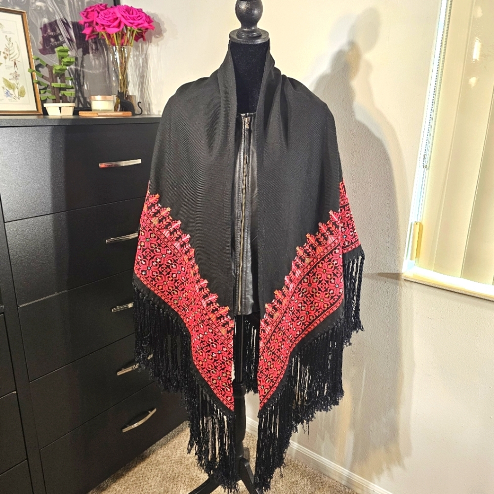 Vintage traditional Palestinian embroidery black/red shawl wrap with tassles.